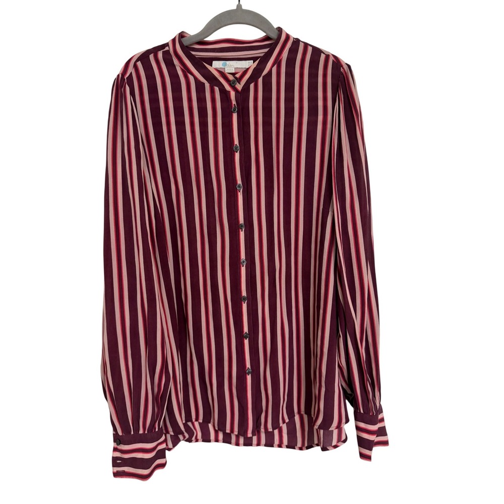 Boden Women 100% Silk Striped Button Down Blouse Plum Burgundy Pink US 14 W0185